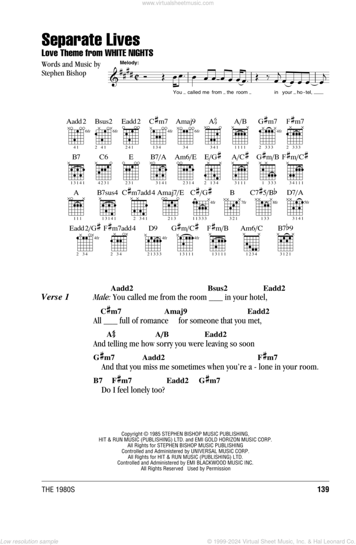 Separate Lives sheet music for guitar (chords) by Phil Collins and Stephen Bishop, intermediate skill level