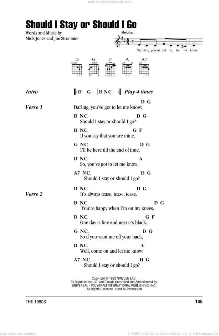 Should I Stay Or Should I Go sheet music for guitar (chords) by The Clash, Joe Strummer and Mick Jones, intermediate skill level