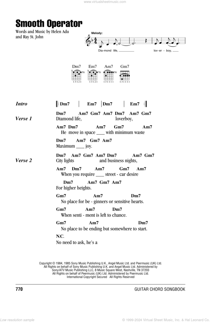 Smooth Operator sheet music for guitar (chords) by Sade, Helen Adu and Ray St. John, intermediate skill level