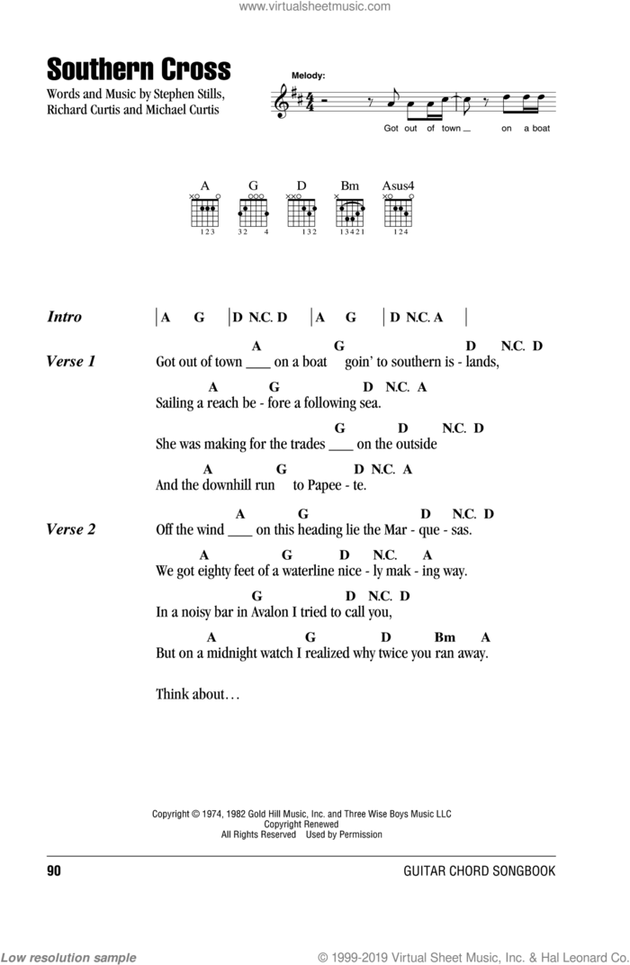 Southern Cross sheet music for guitar (chords) by Crosby, Stills & Nash, Michael Curtis, Richard Curtis and Stephen Stills, intermediate skill level
