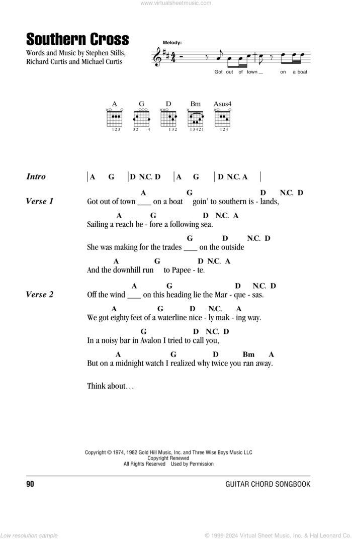 Southern Cross sheet music for guitar (chords) by Crosby, Stills & Nash, Michael Curtis, Richard Curtis and Stephen Stills, intermediate skill level