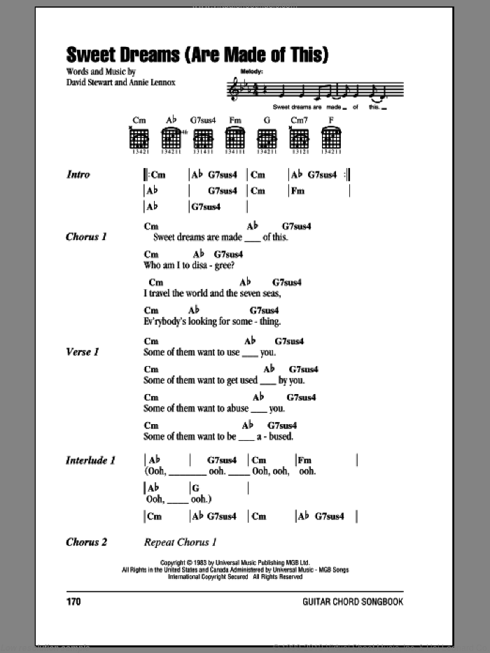 Sweet Dreams (Are Made Of This) sheet music for guitar (chords) by Eurythmics, Nas, Annie Lennox and Dave Stewart, intermediate skill level