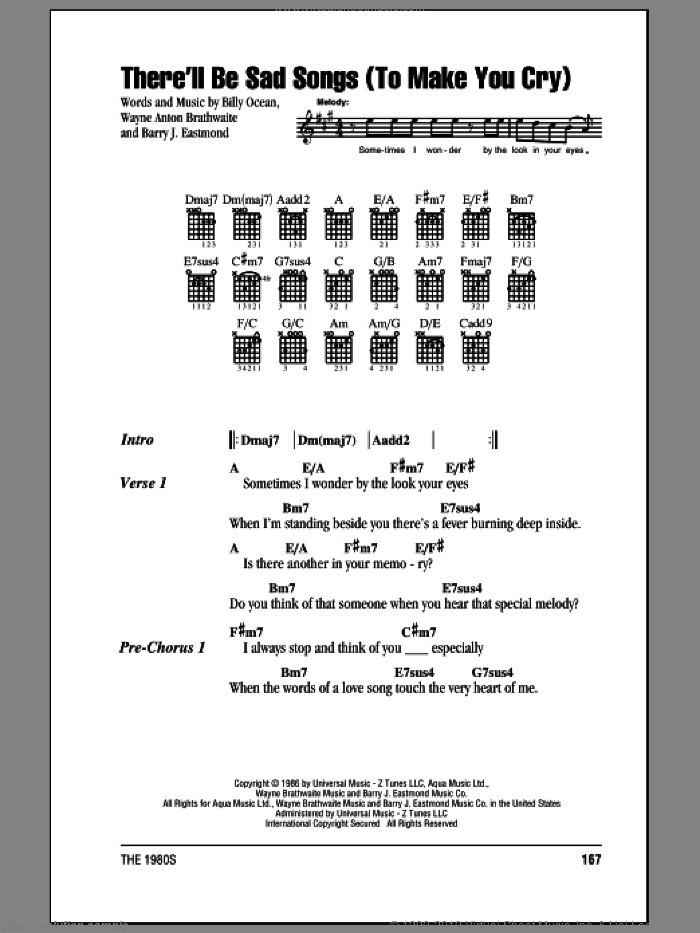 There'll Be Sad Songs (To Make You Cry) sheet music for guitar (chords) by Billy Ocean, Barry J. Eastman and Wayne Brathwaite, intermediate skill level
