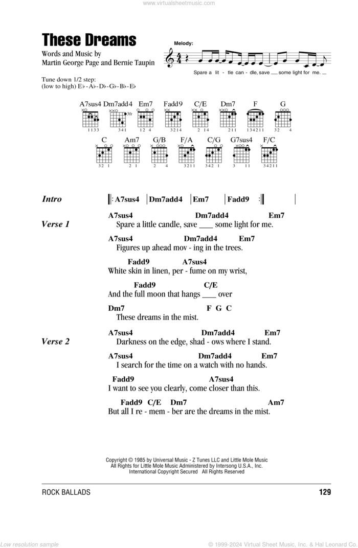 These Dreams sheet music for guitar (chords) by Heart, Bernie Taupin and Martin George Page, intermediate skill level