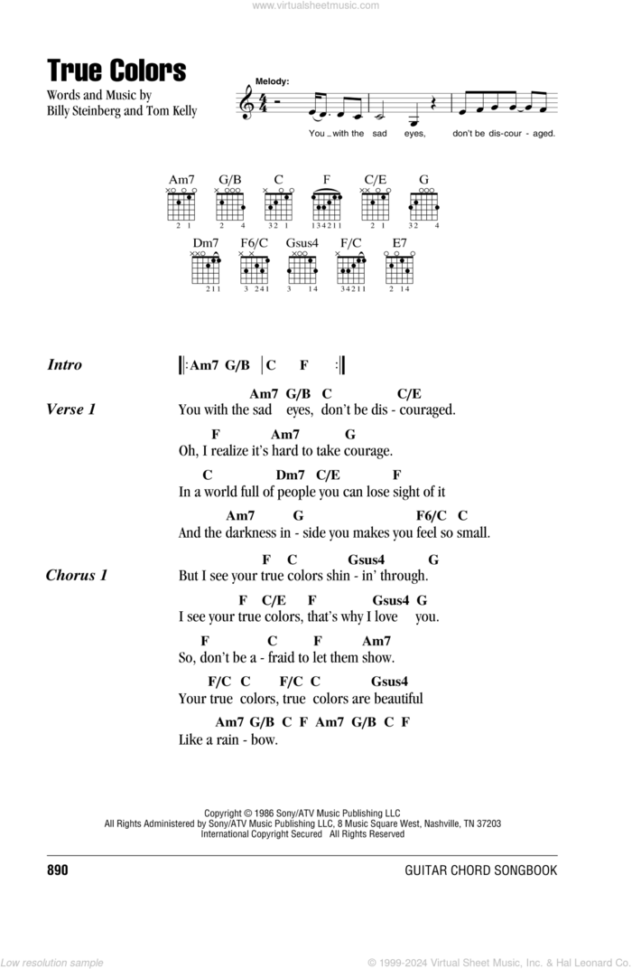 True Colors sheet music for guitar (chords) by Cyndi Lauper, Phil Collins, Billy Steinberg and Tom Kelly, intermediate skill level