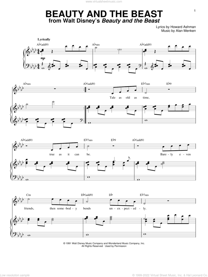 Beauty And The Beast sheet music for voice and piano by Alan Menken, Beauty And The Beast and Howard Ashman, intermediate skill level