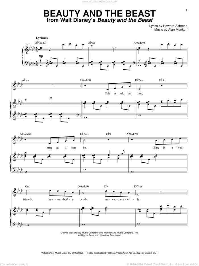 Beauty And The Beast sheet music for voice and piano by Alan Menken, Beauty And The Beast, Alan Menken & Howard Ashman and Howard Ashman, wedding score, intermediate skill level