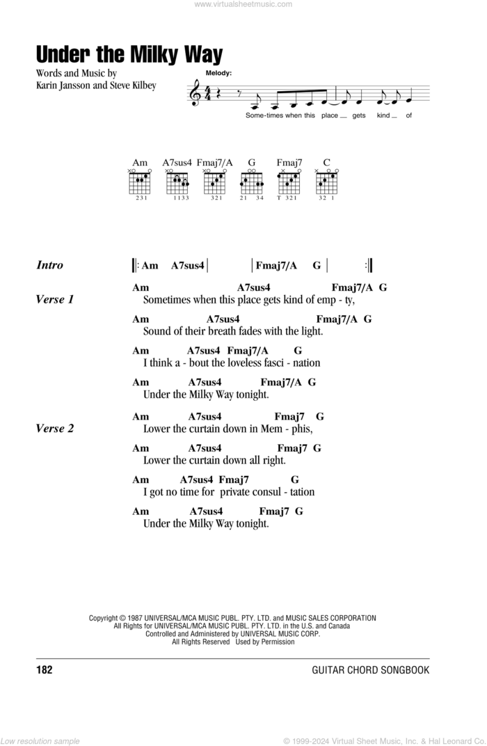 Under The Milky Way sheet music for guitar (chords) by The Church, Karin Jansson and Steve Kilbey, intermediate skill level