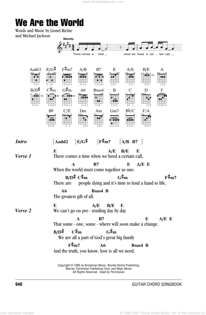 We Are The World sheet music for guitar (chords) by USA For Africa, Lionel Richie and Michael Jackson, intermediate skill level