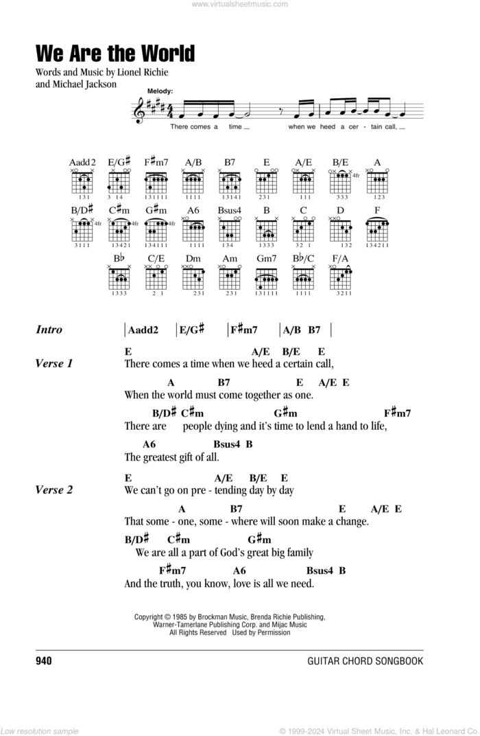 We Are The World sheet music for guitar (chords) by USA For Africa, Lionel Richie and Michael Jackson, intermediate skill level