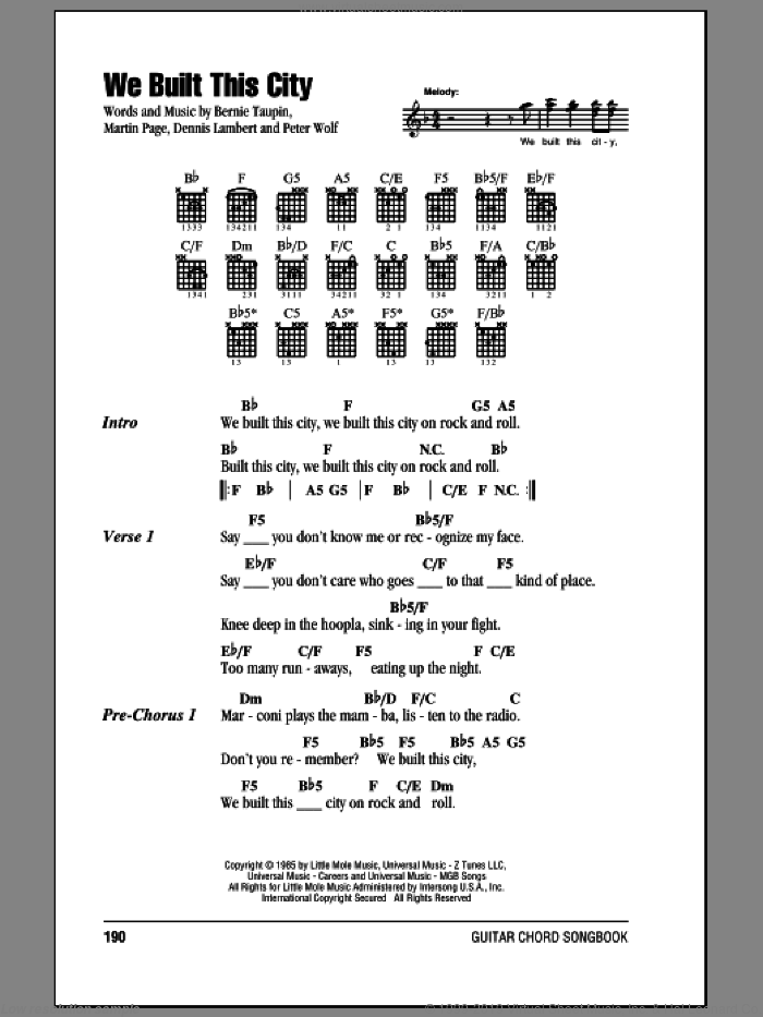 We Built This City sheet music for guitar (chords) by Starship, Bernie Taupin, Dennis Lambert, Martin George Page and Peter Wolf, intermediate skill level