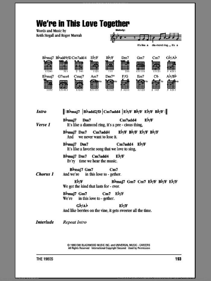 We're In This Love Together sheet music for guitar (chords) by Al Jarreau, Keith Stegall and Roger Murrah, intermediate skill level