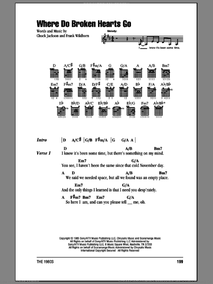 Where Do Broken Hearts Go sheet music for guitar (chords) by Whitney Houston, Chuck Jackson and Frank Wildhorn, intermediate skill level