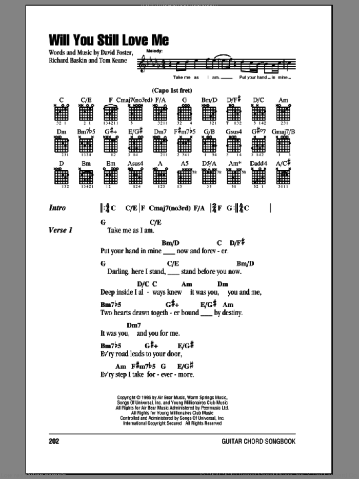 Will You Still Love Me sheet music for guitar (chords) by Chicago, David Foster, Richard Baskin and Tom Keane, intermediate skill level