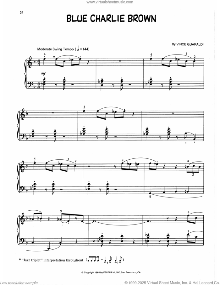 Blue Charlie Brown (arr. Lee Evans) sheet music for piano solo by Vince Guaraldi and Lee Evans, intermediate skill level