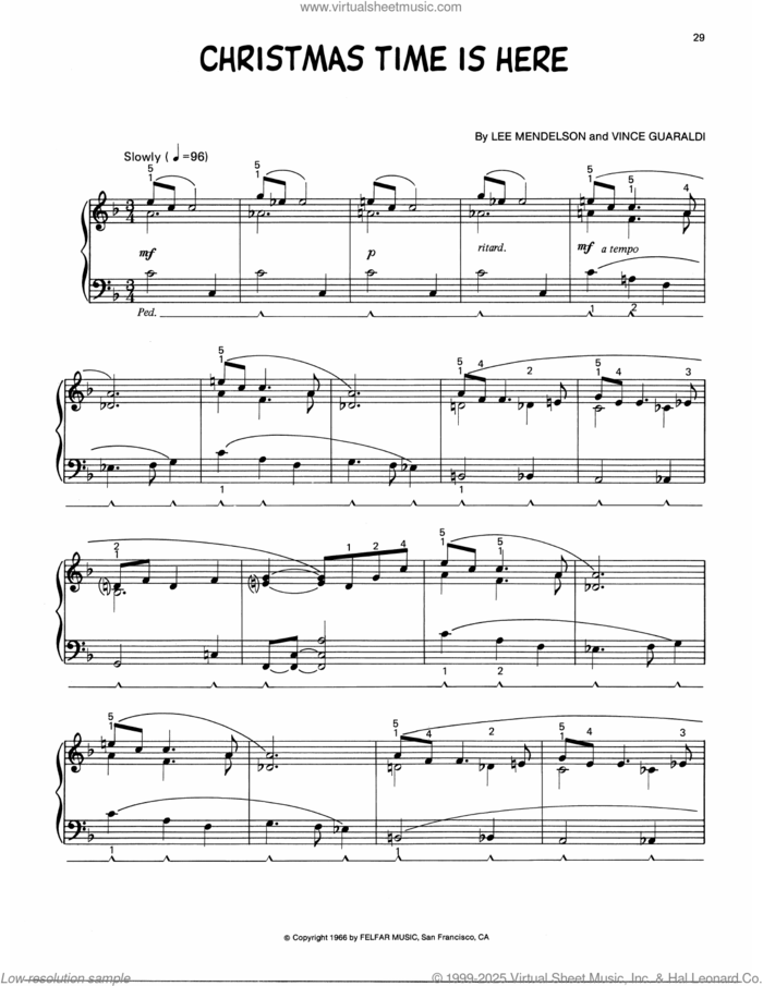 Christmas Time Is Here (arr. Lee Evans) sheet music for piano solo by Vince Guaraldi, Lee Evans and Lee Mendelson, intermediate skill level