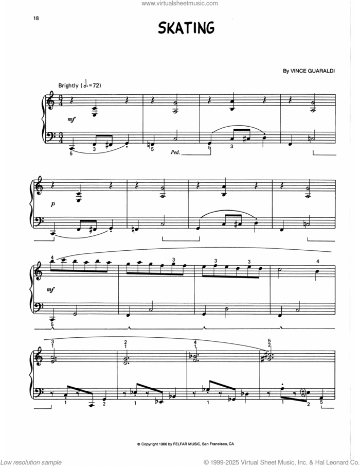 Skating (arr. Lee Evans) sheet music for piano solo by Vince Guaraldi and Lee Evans, intermediate skill level