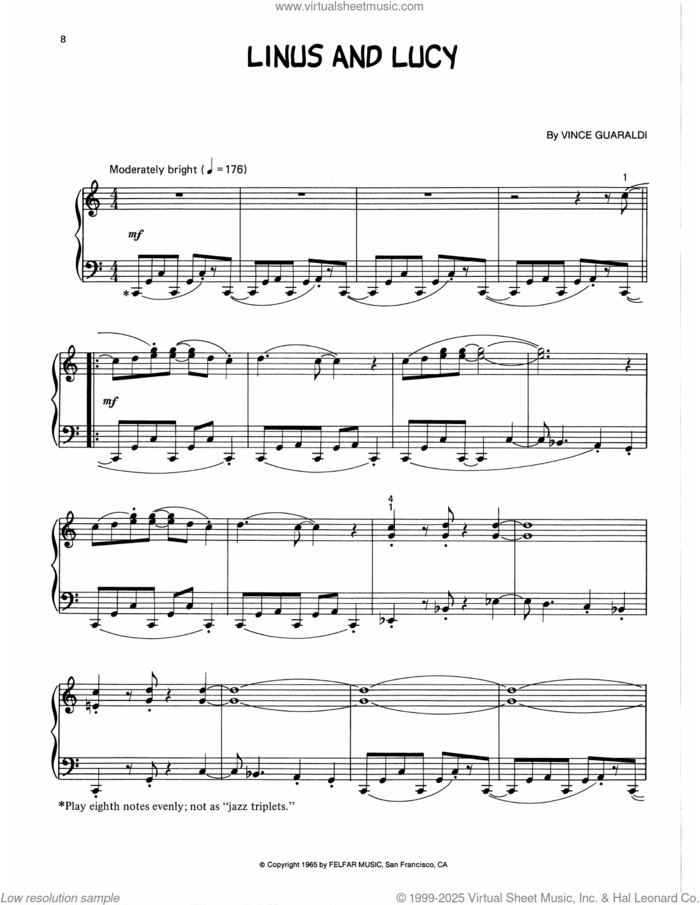 Linus And Lucy (arr. Lee Evans) sheet music for piano solo by Vince Guaraldi and Lee Evans, intermediate skill level