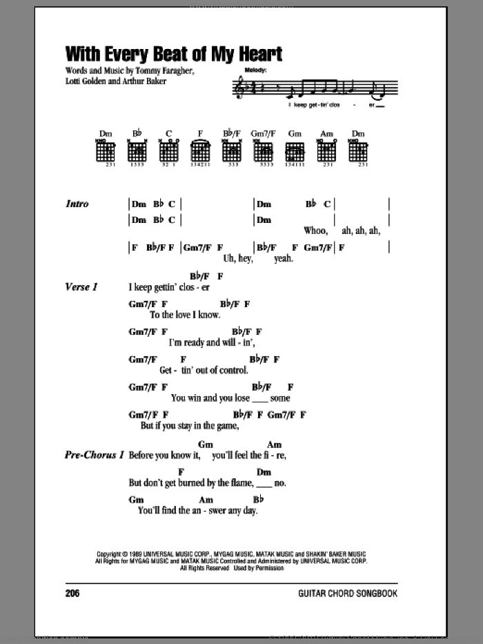 With Every Beat Of My Heart sheet music for guitar (chords) by Taylor Dayne, Taylor Dane, Arthur Baker, Lotti Golden and Tommy Faragher, intermediate skill level
