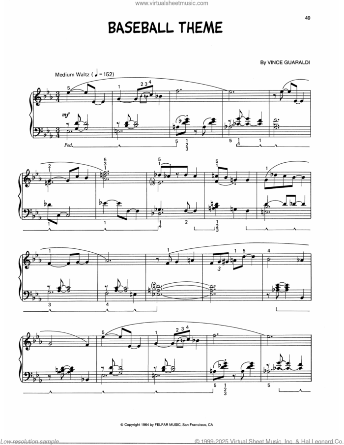Baseball Theme (arr. Lee Evans) sheet music for piano solo by Vince Guaraldi and Lee Evans, intermediate skill level