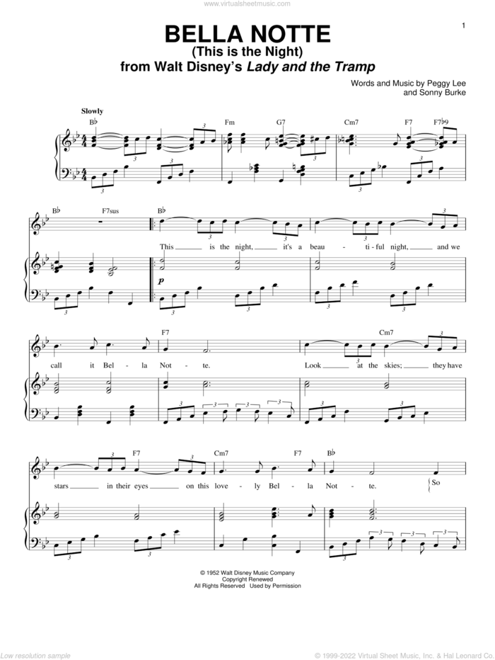 Bella Notte (This Is The Night) (from Lady And The Tramp) sheet music for voice and piano by Peggy Lee and Sonny Burke, intermediate skill level