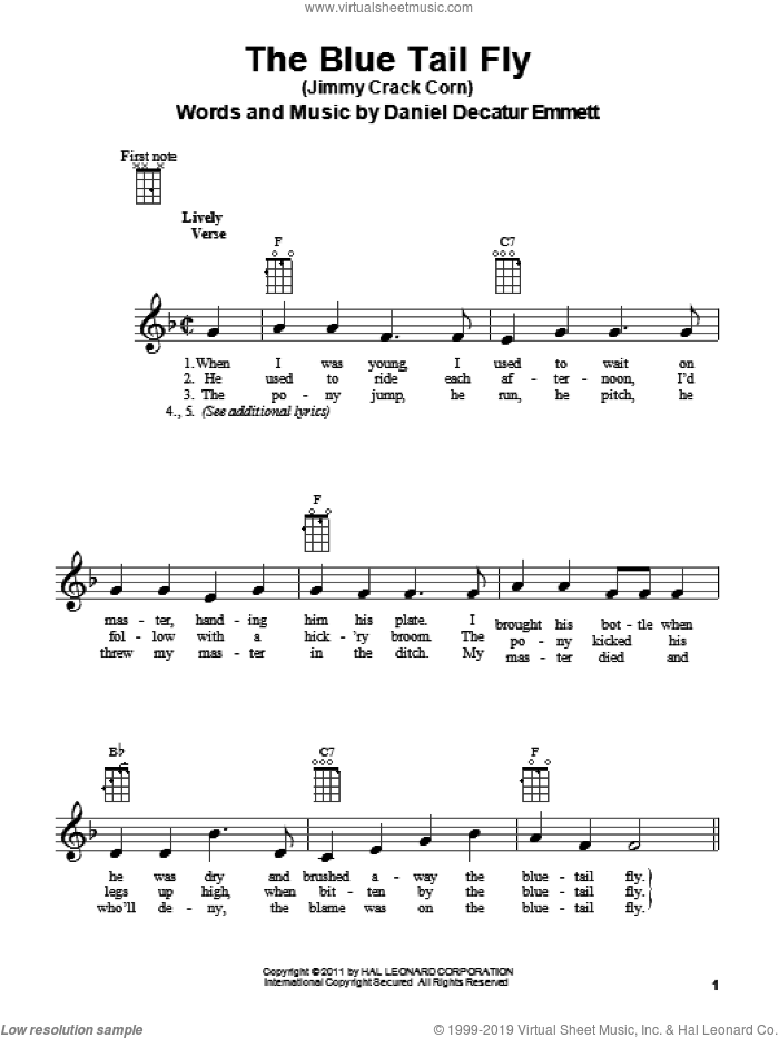 The Blue Tail Fly (Jimmy Crack Corn) sheet music for ukulele by Daniel Decatur Emmett, intermediate skill level
