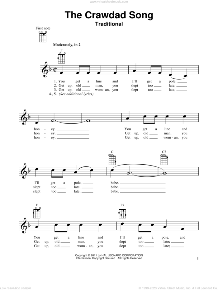 The Crawdad Song sheet music for ukulele, intermediate skill level