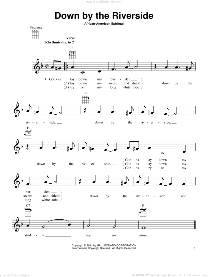 Down By The Riverside sheet music for ukulele, intermediate skill level