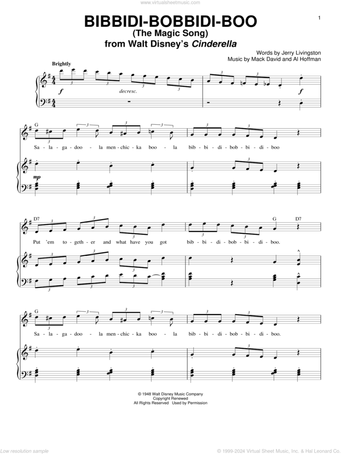 Bibbidi-Bobbidi-Boo (The Magic Song) (from Cinderella) sheet music for voice and piano by Verna Felton, Al Hoffman, Jerry Livingston and Mack David, intermediate skill level