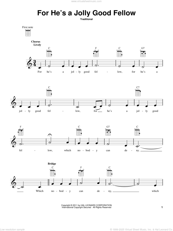 For He's A Jolly Good Fellow sheet music for ukulele, intermediate skill level