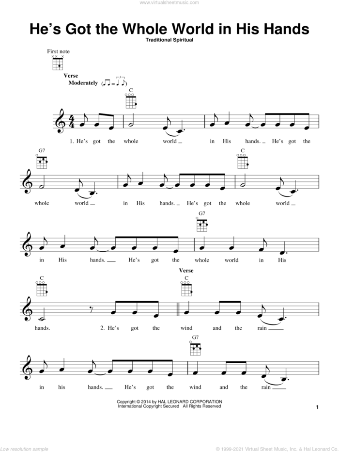 He's Got The Whole World In His Hands sheet music for ukulele, intermediate skill level