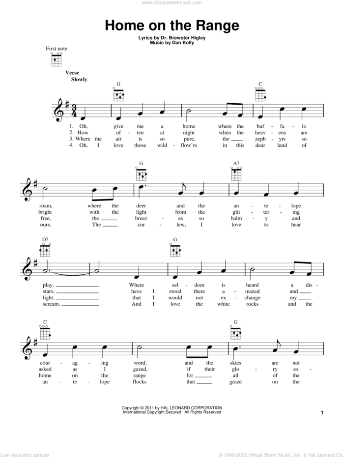 Home On The Range sheet music for ukulele by Roy Rogers, Dan Kelly and Dr. Brewster Higley, intermediate skill level
