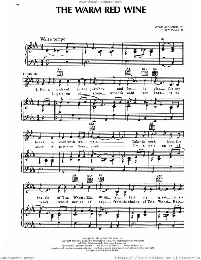 The Warm Red Wine sheet music for voice, piano or guitar by Ernest Tubb and Cindy Walker, intermediate skill level
