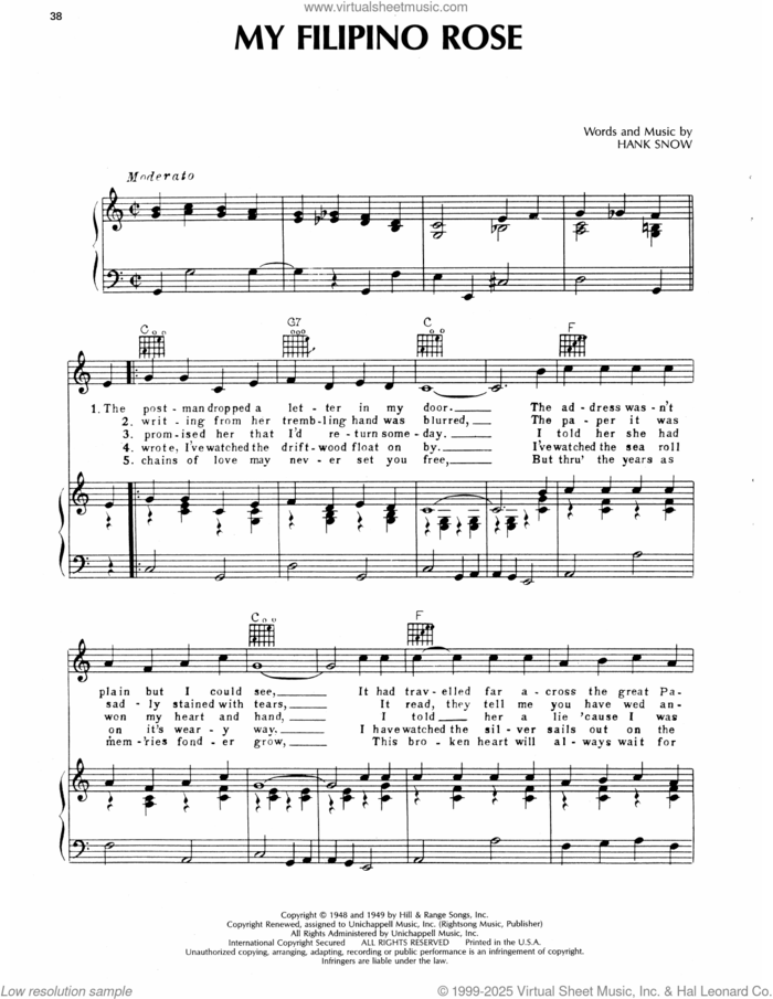 My Filipino Rose sheet music for voice, piano or guitar by Ernest Tubb and Hank Snow, intermediate skill level
