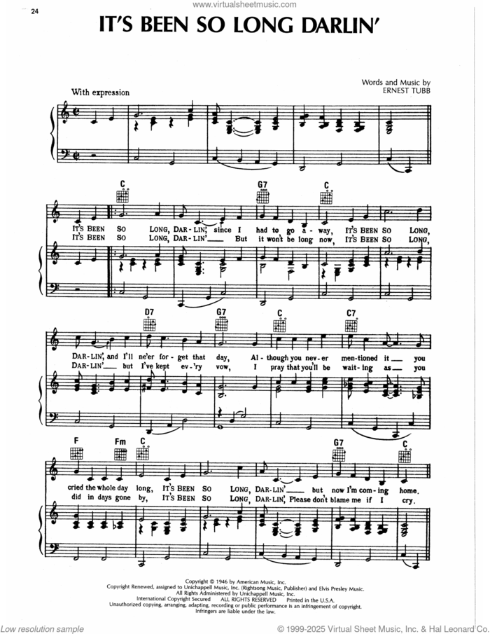 It's Been So Long Darlin' sheet music for voice, piano or guitar by Ernest Tubb, intermediate skill level