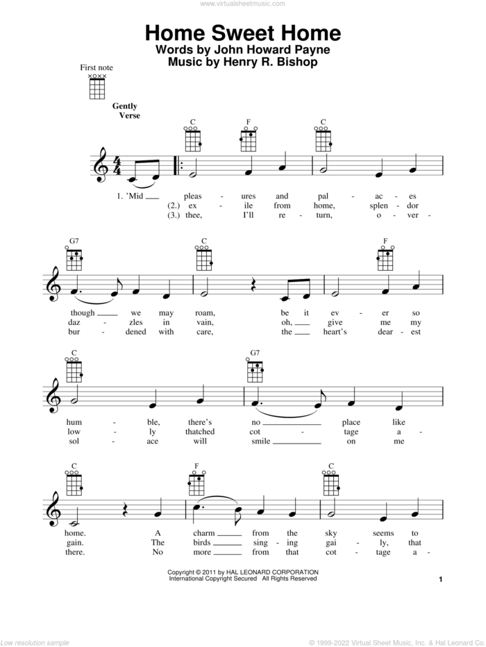Home Sweet Home sheet music for ukulele by John Howard Payne and Henry Rowley Bishop, intermediate skill level