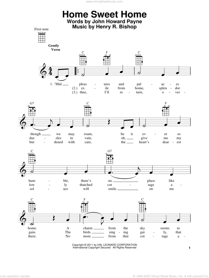 Home Sweet Home (from The Daily Ukulele) sheet music for ukulele by John Howard Payne and Henry Rowley Bishop, intermediate skill level