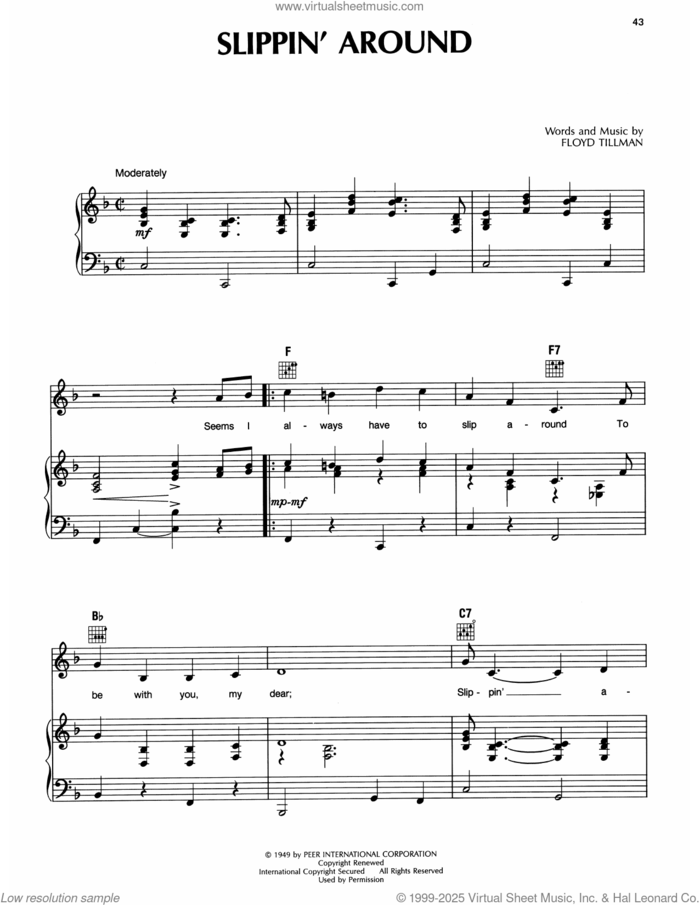 Slipping Around sheet music for voice, piano or guitar by Ernest Tubb and Floyd Tillman, intermediate skill level