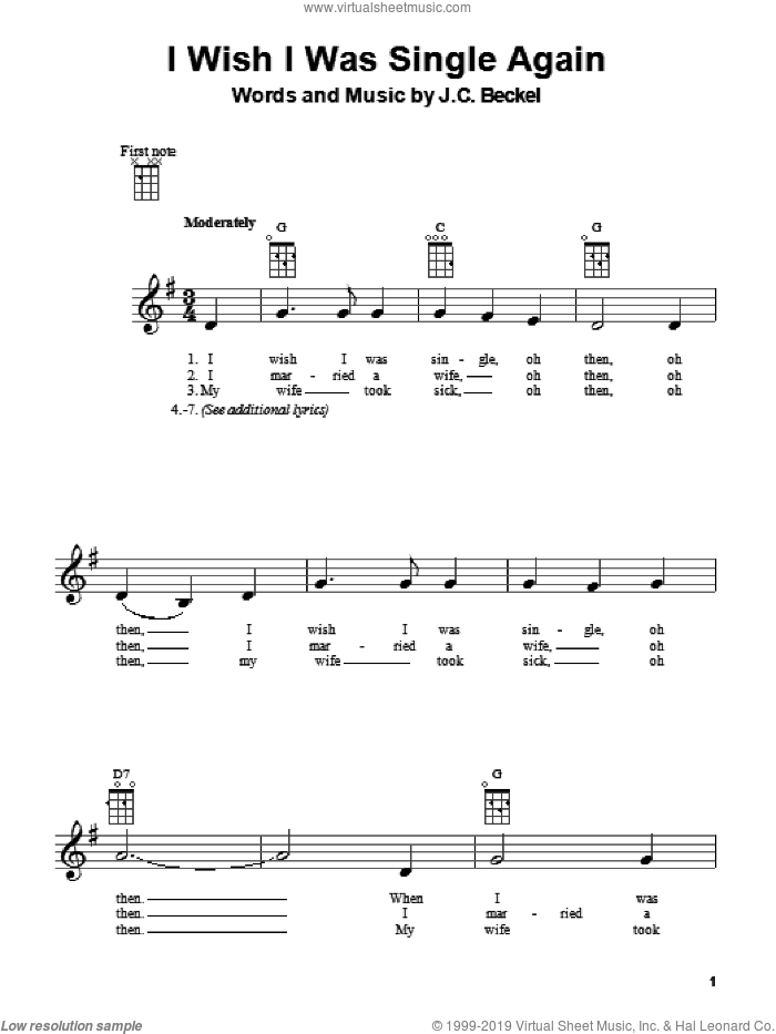 I Wish I Were Single Again sheet music for ukulele by J.C. Beckel, intermediate skill level