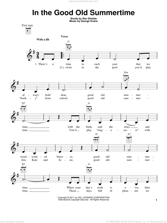 In The Good Old Summertime sheet music for ukulele by Ren Shields and George Evans, George Evans and Ren Shields, intermediate skill level