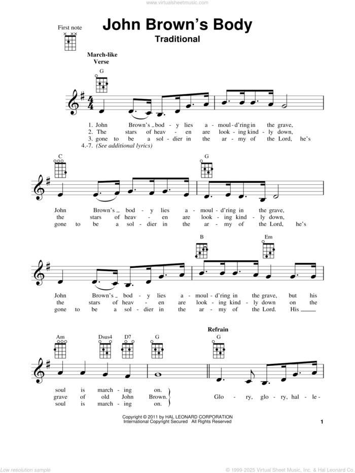 John Brown's Body sheet music for ukulele, intermediate skill level