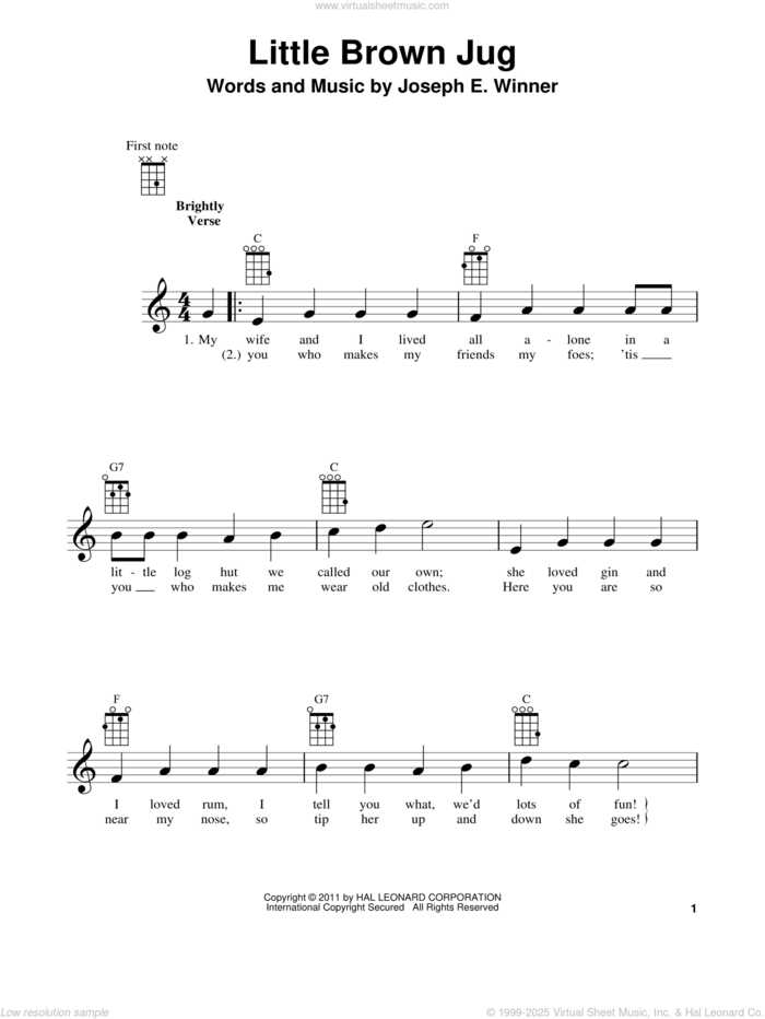 Little Brown Jug sheet music for ukulele by Joseph E. Winner, intermediate skill level