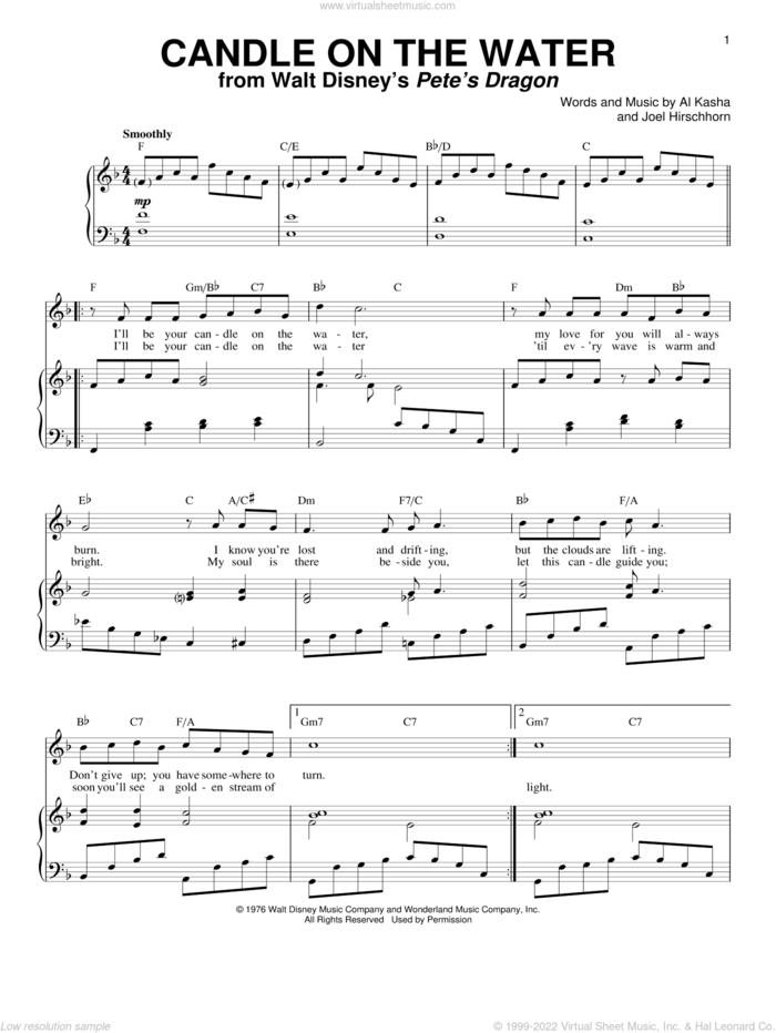 Candle On The Water (from Pete's Dragon) sheet music for voice and piano by Helen Reddy, Al Kasha and Joel Hirschhorn, wedding score, intermediate skill level