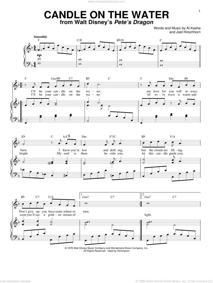 Candle On The Water (from Pete's Dragon) sheet music for voice and piano by Helen Reddy, Al Kasha and Joel Hirschhorn, wedding score, intermediate skill level