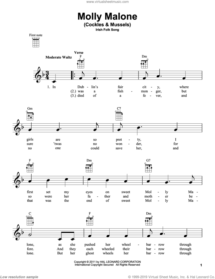 Molly Malone (Cockles and Mussels) sheet music for ukulele, intermediate skill level