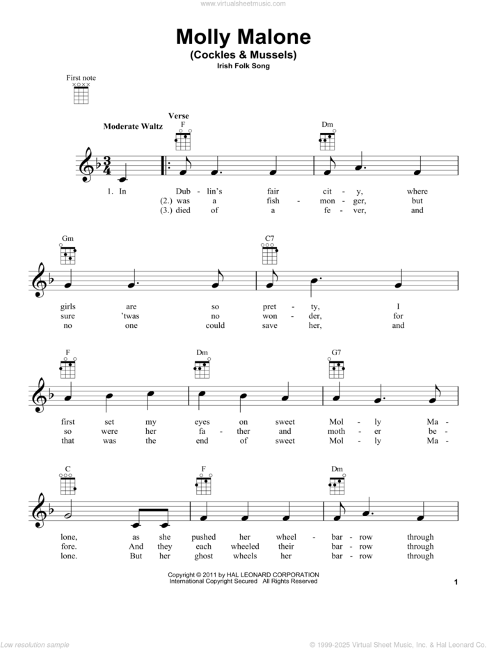 Molly Malone (Cockles and Mussels) sheet music for ukulele, intermediate skill level