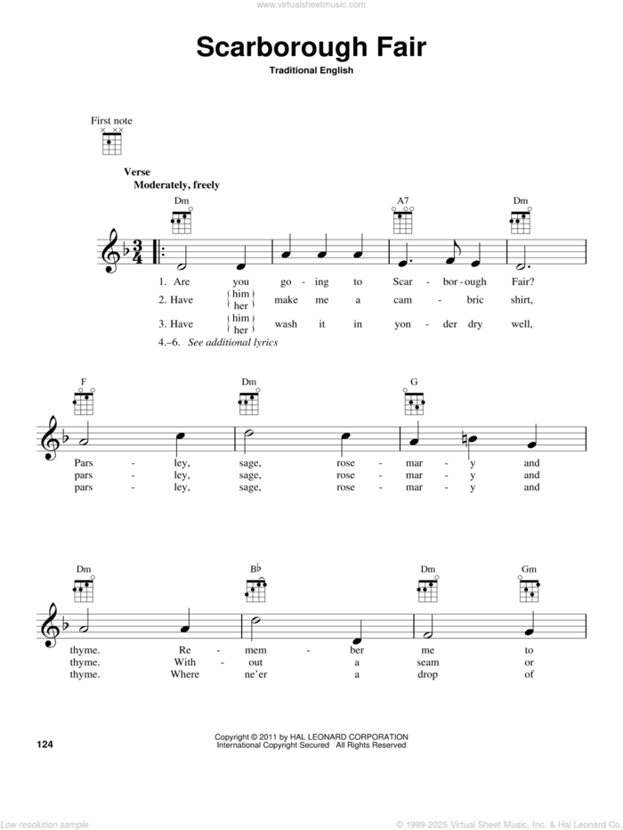 Scarborough Fair sheet music for ukulele by Traditional English Ballad and Miscellaneous, intermediate skill level