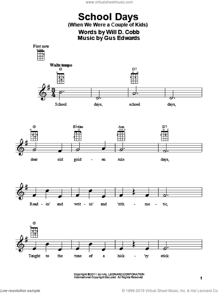 School Days (When We Were A Couple Of Kids) sheet music for ukulele by Will D. Cobb and Gus Edwards, intermediate skill level