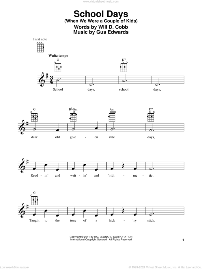 School Days (When We Were A Couple Of Kids) sheet music for ukulele by Will D. Cobb and Gus Edwards, Gus Edwards and Will D. Cobb, intermediate skill level