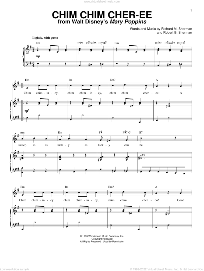 Chim Chim Cher-ee (from Mary Poppins) sheet music for voice and piano by Sherman Brothers, Dick Van Dyke, Mary Poppins (Movie), New Christy Minstrels, Richard M. Sherman and Robert B. Sherman, intermediate skill level